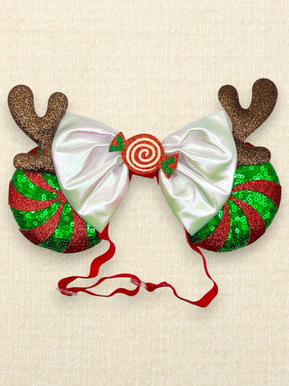 Elastic Peppermint Reindeer Minnie Ears | Disney-Inspired Christmas Mouse Ears